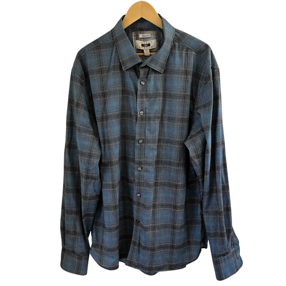 Joseph Abboud No Iron Shirt XL Blue Gray Plaid Cotton Tencel Long Sleeve